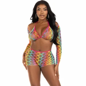 Leg Avenue Three-Piece Set Rainbow Mesh - Top, Bolero & Shorts, One Size