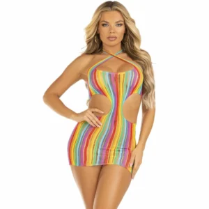 Leg Avenue Rainbow Striped Halter Mini Dress - Multicolor, One Size