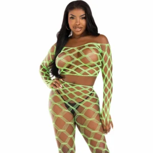 Leg Avenue 2-Piece Fishnet Crop Top & Footless Leggings Set Green One Size