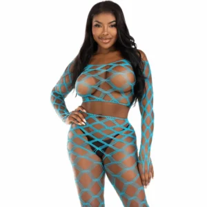 Leg Avenue Set - Blue Fishnet Crop Top & Footless Leggings, One Size