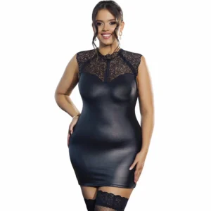 Subblime L/XL Black Lace & Leather Dress - Elegant Figure-Hugging Design