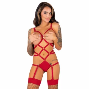 Livco Corsetti Thiara LC 20213 Red L/XL - Elegant Bodysuit & Stockings Set