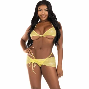 Leg Avenue Three-Piece Diamond Mesh Set Yellow M/L - Sheer & Sparkling Design