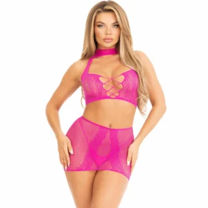 Leg Avenue Fuchsia Lace Halter Top & Mini Skirt Set, One Size