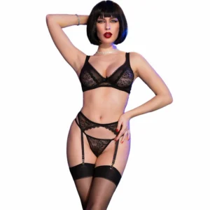 Chilirose CR 4692 Four-Piece Lace Lingerie Set Black Size M