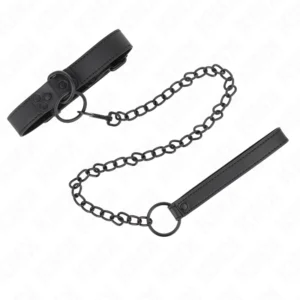 KINK Adjustable Collar with Dark Leash 65cm - Black, 37-54cm, Vegan Leather