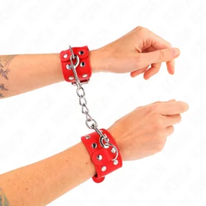 KINK Adjustable Red Wristbands with Double Studded Lines - Leather Design