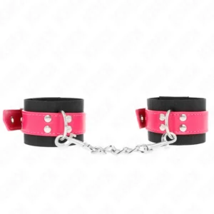 KINK Nylon Wrist Restraints Black with Leatherette Raspberry Rose Adjustable 19-29cm