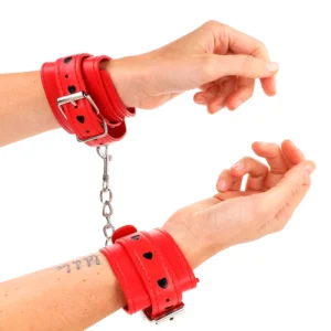 KINK Red Wrist Restraints Adjustable with Black Heart Detail 21-28 cm