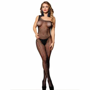 Subblime 952037 One-Shoulder Bodystocking with Diamond Accents Black OS
