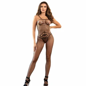 Subblime 952112 Black Mesh Bodystocking with Chest & Belly Accents, One Size