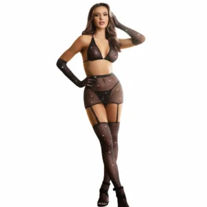 Subblime Bodystocking 952174 Black Fishnet with Gloves & Diamond Pattern One Size