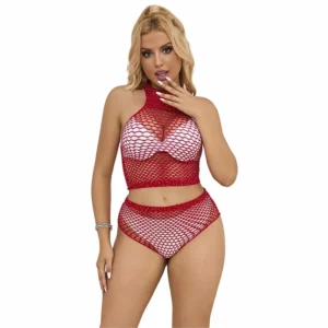 Subblime 952402 Two-Piece Fishnet Set with Pink Rhinestones, One Size