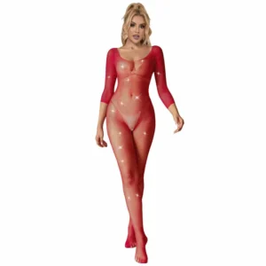 SUBBLIME 952419 Red Fishnet Bodystocking with Diamonds, Long Sleeve, One Size