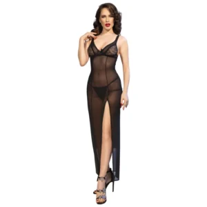 Chilirose CR 4723 Elegant Long Lace Nightdress & Thong Set Black L