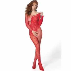 PASSION BS107 Red Mesh Bodystocking - One Size, Stretch Lace Design