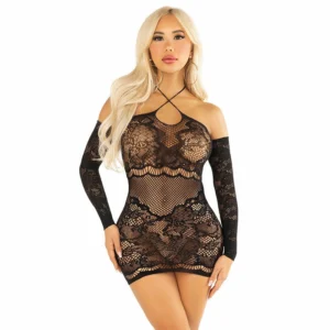 Leg Avenue Tinklinė mini suknelė, juoda, elegantiškai priglundanti ilgomis rankovėmis