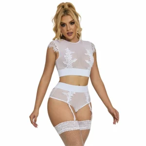 Subblime 954048 White L/XL Lingerie Set with Bra, Panties & Garter Belt