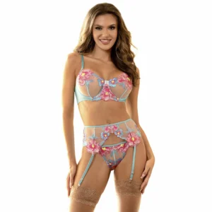 Subblime 954109 Blue Lingerie Set with Garter Belt, Floral S/M