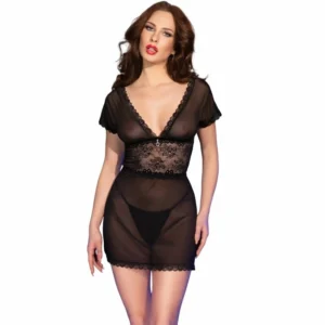Chilirose CR 4830 Sheer Black Babydoll rinkinys su nėriniais, M dydis