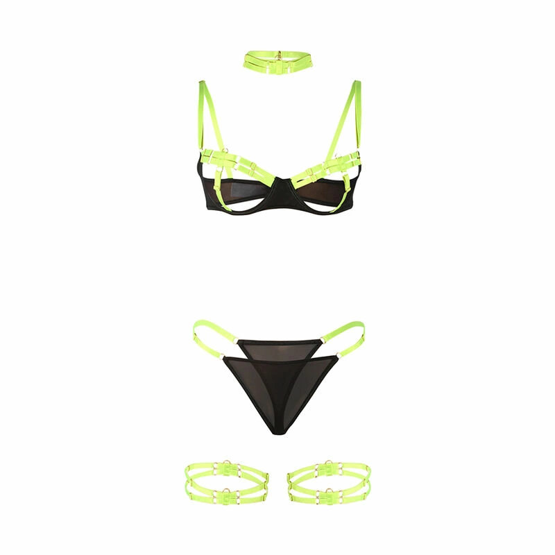 SUBBLIME liemenėlių rinkinys L/XL Fluorescent Green su karoliais ir kojų akcentais