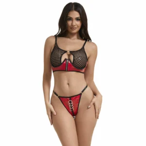 SUBBLIME 955540 Red Glossy Mesh Bra Set with Zipper L/XL