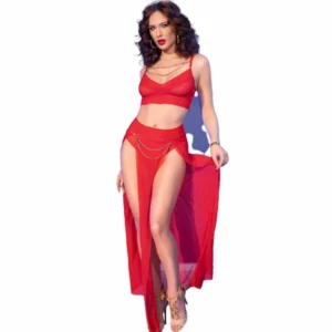 Chilirose CR-4850 Red Tulle Set XL with Gold Accents - Top & Leggings