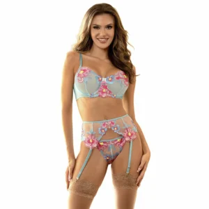 SUBBLIME 957650 Pink Floral Embroidered Bra & Garter Belt Set L/XL
