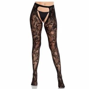 Leg Avenue Rose Lace Stockings Open-Back Black Elegant Floral Design