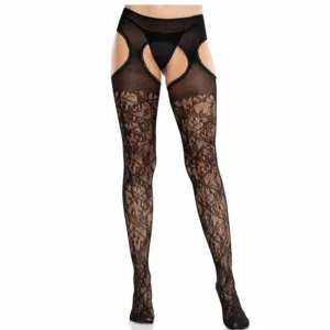 Leg Avenue Gėlėtos nėriniuotos kojinės, juodos – integruotos kelnaitės
