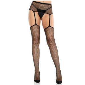 Leg Avenue Elegantiškos nėriniuotos kojinės su kryžiaus motyvais ir keliaraiščiu, juodos