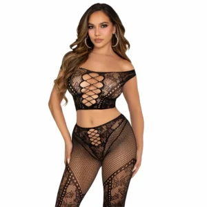 Leg Avenue Off-Shoulder Crop Top & Fishnet Leggings Set Black S/M