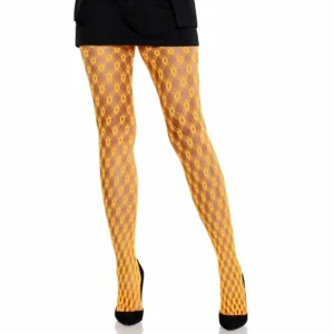 Leg Avenue Lace Eyelet Tights Neon Orange - Geometric Fishnet Design