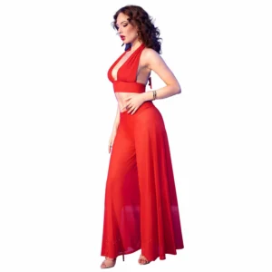 Chilirose CR 4857 Red Sheer Top & Wide-Leg Pants Set XL