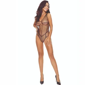 PASSION BS114 Black Grid Bodystocking - Elegant Open Design, One Size