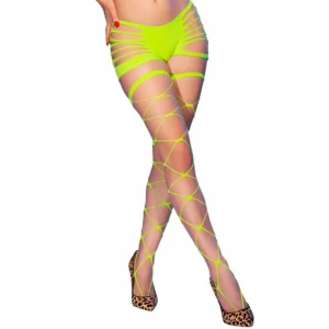 Chilirose CR-4867 Neon Green Footless Fishnet Tights, S/M, UV Reactive