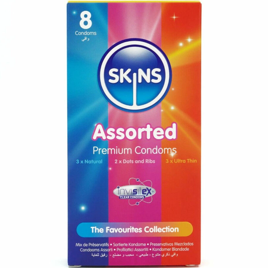 Skins Premium Assorted Latex Condom Pack 8pcs - Natural, Textured, Ultra Thin