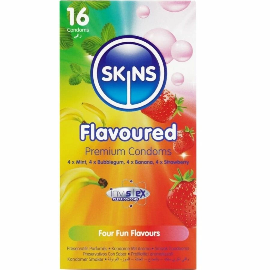 „Skins Premium“ prezervatyvai kelių skonių 16 vnt. – bananų, mėtų, braškių, burbuliukų