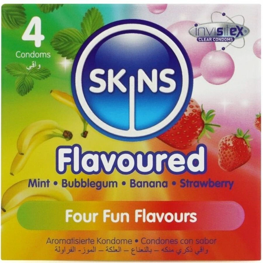 Skins Multi Flavors Premium Condoms 4-Pack - Banana, Mint, Bubblegum, Strawberry