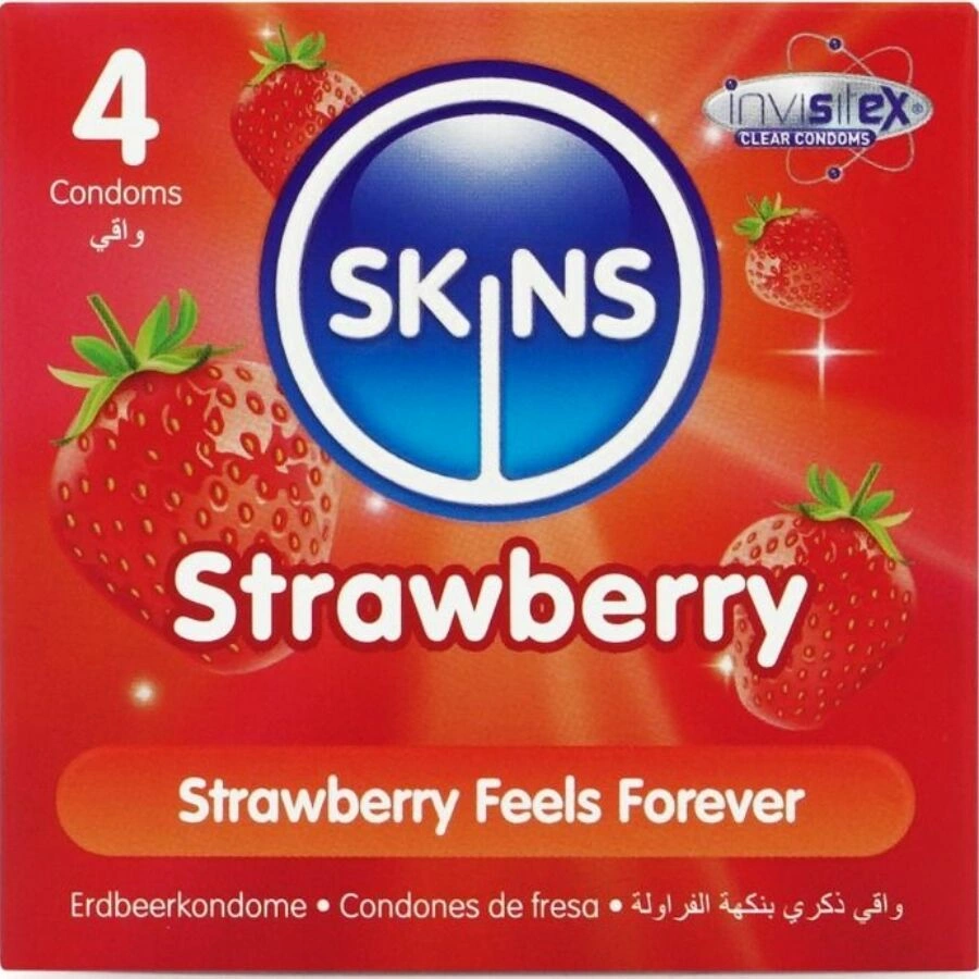 Skins Strawberry Premium Latex Condoms 4-Pack - Extra Lubricated, Fragrant