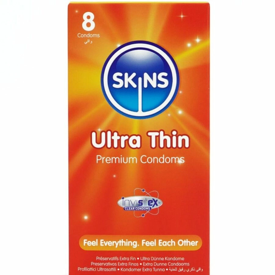 Skins Ultra Thin Premium Latex Condoms 8-Pack - Extra Lubricated, 55mm
