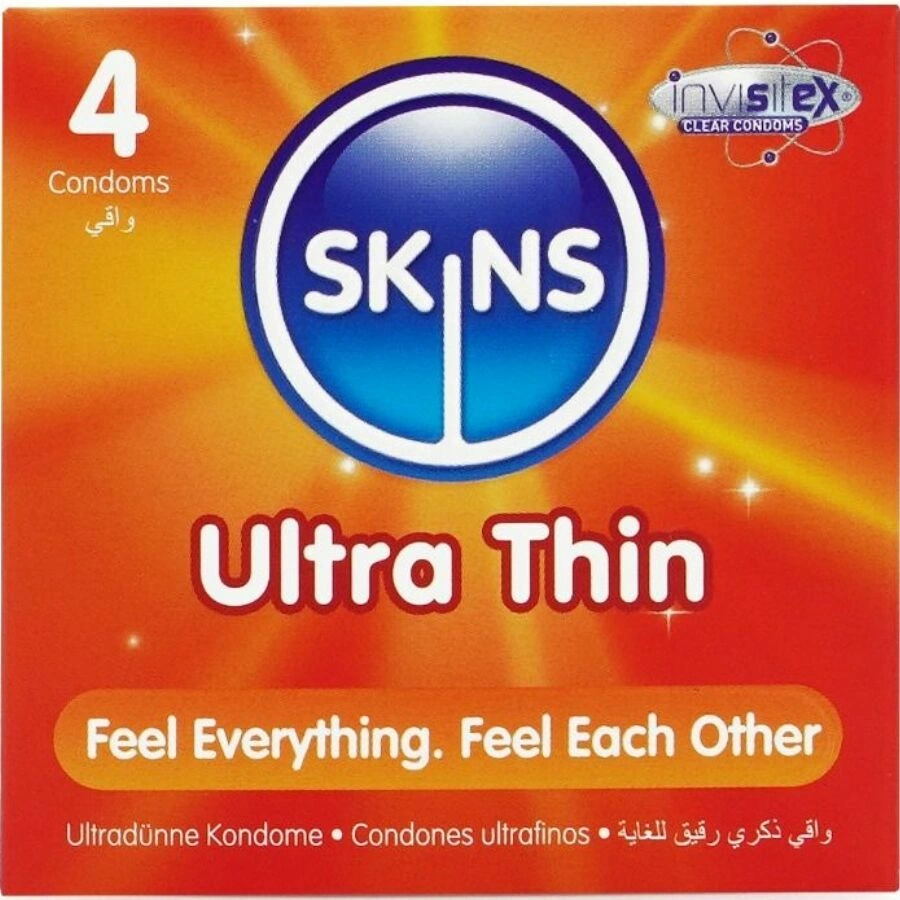 Skins Ultra Thin Premium Latex Condoms 4-Pack | Extra Lubricated, 55mm