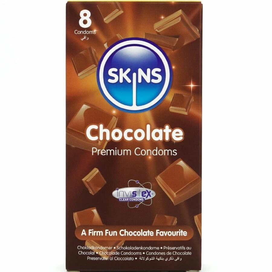 Skins Chocolate Premium Condoms 8-Pack - Scented, Extra Lubricated, Natural Latex