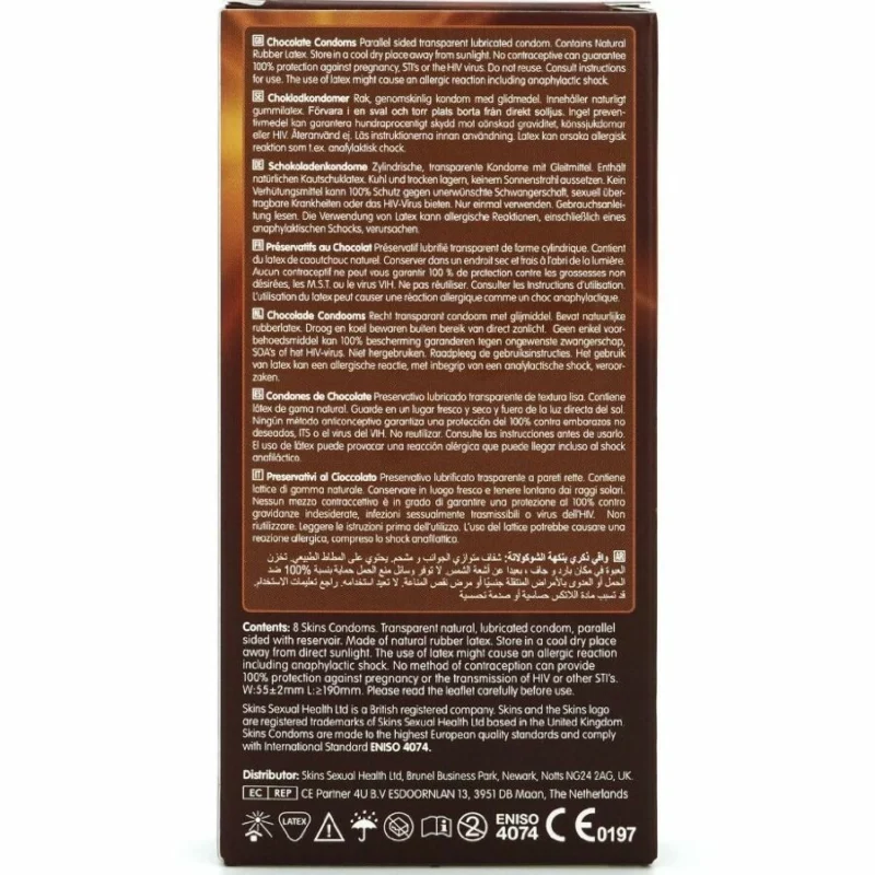 Skins Chocolate Premium prezervatyvai 8 pakuotės – kvepiantys, ypač sutepti, natūralus lateksas