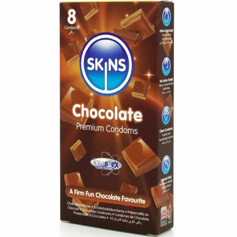Skins Chocolate Premium prezervatyvai 8 pakuotės – kvepiantys, ypač sutepti, natūralus lateksas