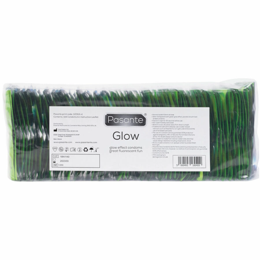 Pasante Glow 144-Pack - Green Fluorescent Latex Condoms, 53 mm