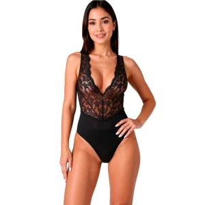 PASSION Evalie Bodysuit Black S/M - Elegant Lace Deep V Open Back