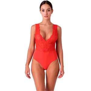 PASSION Evalie Bodysuit L/XL Red - Elegant Lace & Open Back Design