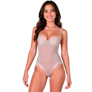 PASSION ZOVEL Bodysuit Light Grey L/XL - Lace & Sheer Mesh Elegance