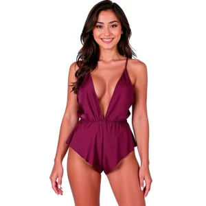 PASSION SENSIE Plum Satin Bodysuit L/XL - Elegant Adjustable Back